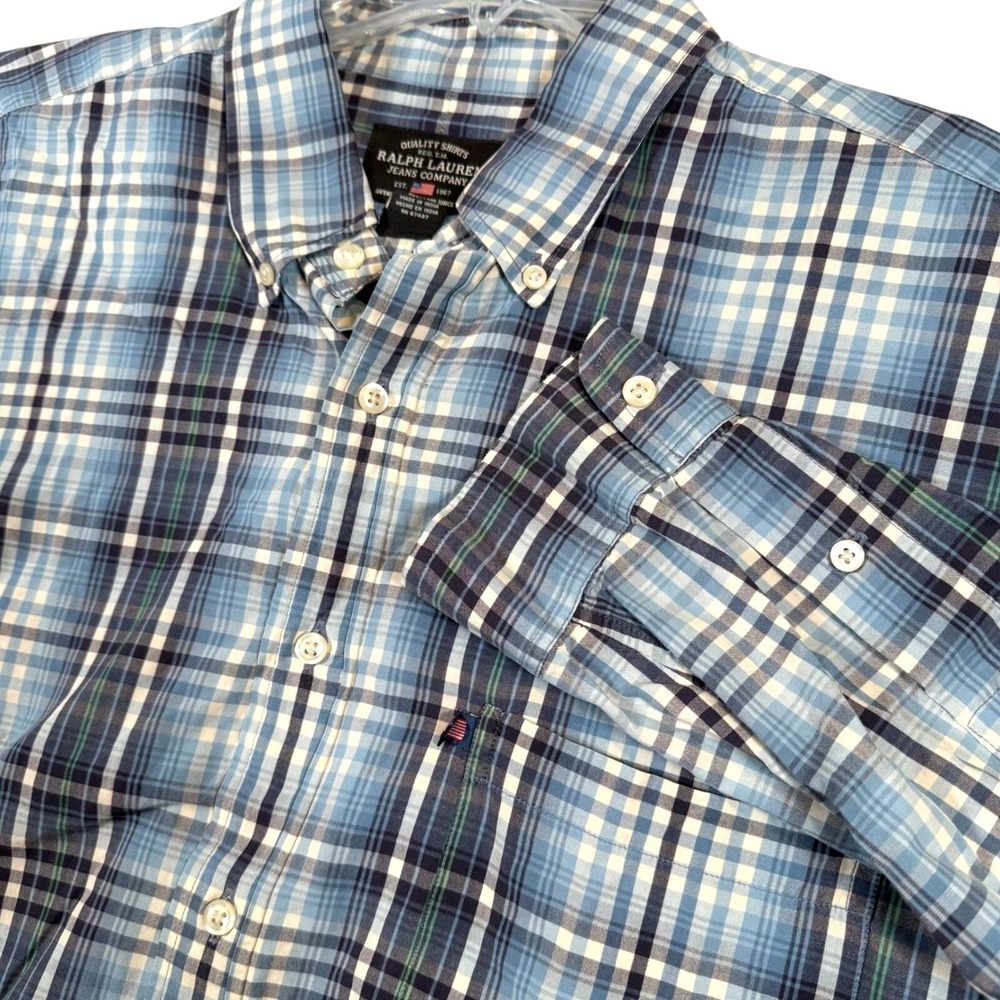 Ralph Lauren Blue‎ Plaid Cotton Button Down Work Shirt Long Sleeve Mens Large